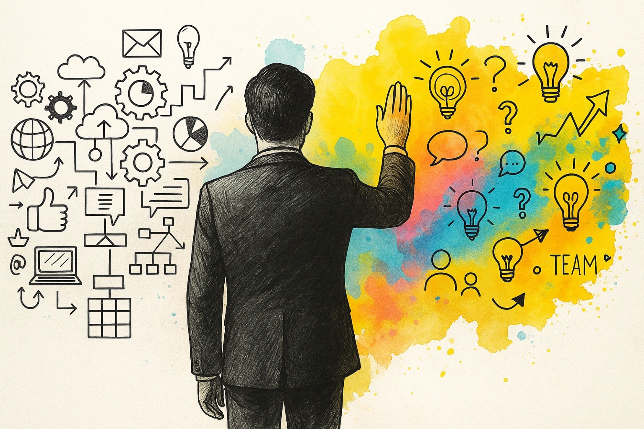 Hand-drawn illustration: technical diagrams on one side turning into colourful human ideas on the other